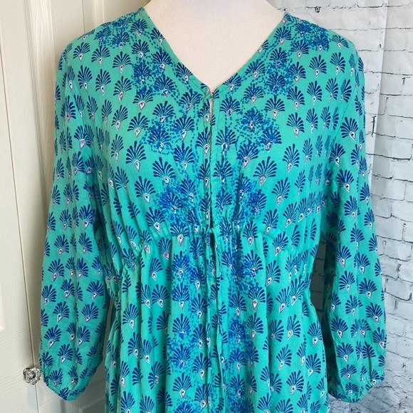 Roller Rabbit Cotton Dress L Block Print Turquoise Blue Tassel Tie Boho Beach - Picture 2 of 16